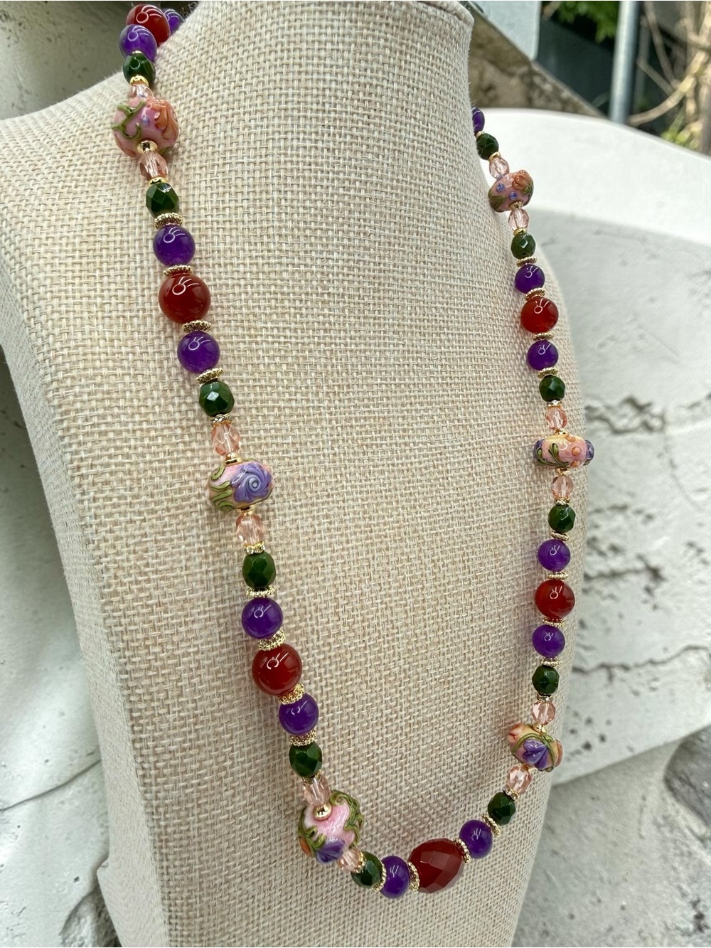 Artisan Handmade Amethyst Carnelian Lampwork Floral Necklace 20” Gold Floral Lux - Picture 7 of 17